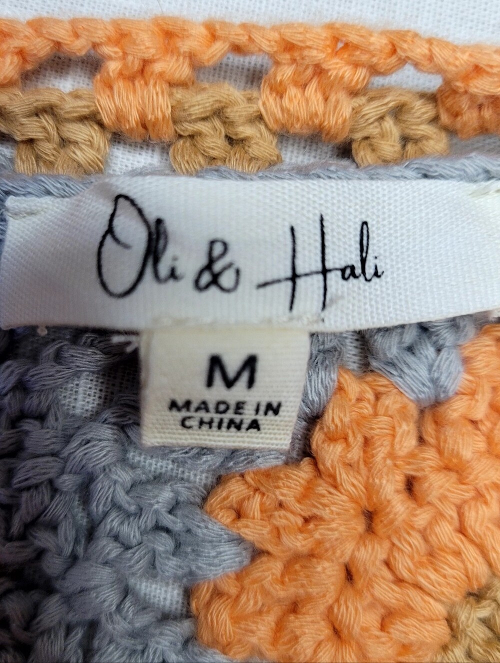 Oli & Hali Cream Orange Mixed Media Crochet Granny Square Waffle Knit Top M - Picture 7 of 9